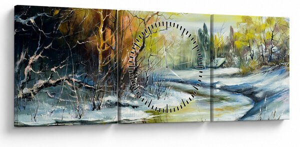 Tablou - Râu de iarnă, pictură în ulei (cu ceas) (90x30 cm)