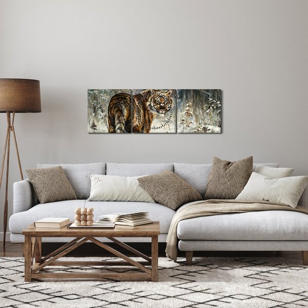 Tablou - Tigru într-o pădure înzăpezită, pictură în ulei (cu ceas) (90x30 cm)
