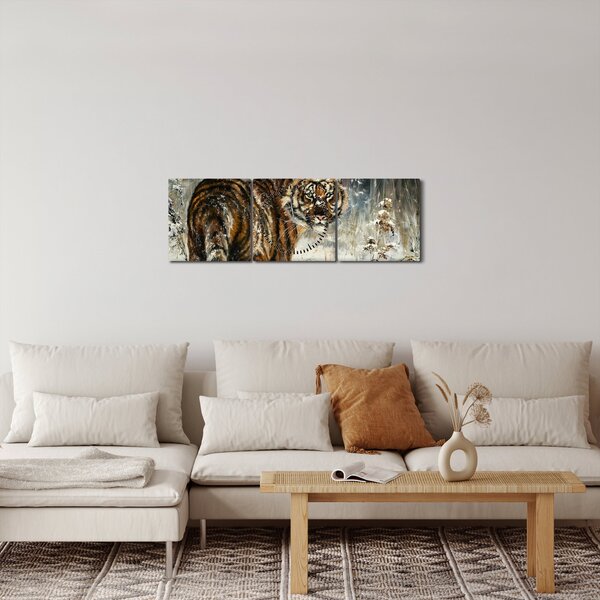 Tablou - Tigru într-o pădure înzăpezită, pictură în ulei (cu ceas) (90x30 cm)