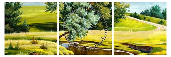 Tablou - Râu între câmpii, pictură în ulei (cu ceas) (90x30 cm)