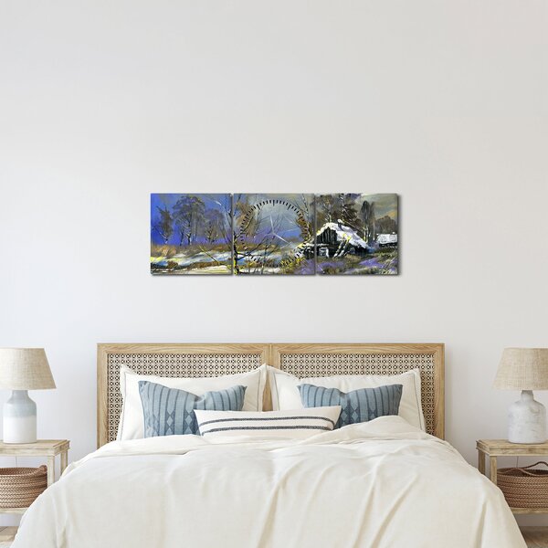 Tablou -Cabane într-un peisaj de iarnă, pictură în ulei (cu ceas) (90x30 cm)