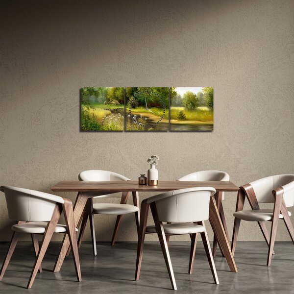 Tablou - Râu lângă pădure, pictură în ulei (cu ceas) (90x30 cm)
