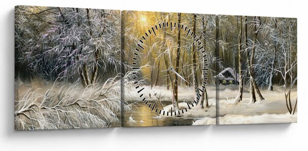 Tablou - Cabană în pădure, pictură în uei (cu ceas) (90x30 cm)