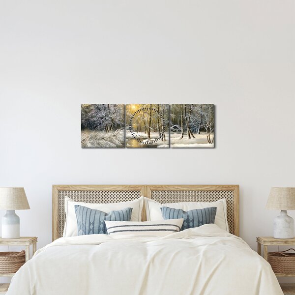 Tablou - Cabană în pădure, pictură în uei (cu ceas) (90x30 cm)