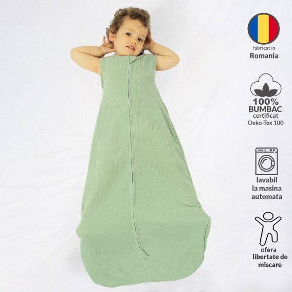 Sac de dormit de vara pentru copii din muselina dubla 18-36 luni Kidizi mint, bumbac 100%, 0.3 tog