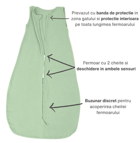 Sac de dormit de vara pentru copii din muselina dubla 18-36 luni Kidizi mint, bumbac 100%, 0.3 tog