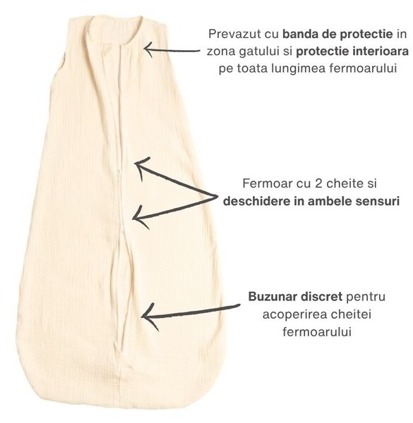 Sac de dormit de vara pentru copii din muselina dubla 18-36 luni Kidizi ivory, bumbac 100%, 0.3 tog