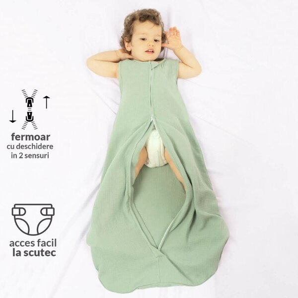 Sac de dormit de vara pentru copii din muselina dubla 18-36 luni Kidizi mint, bumbac 100%, 0.3 tog
