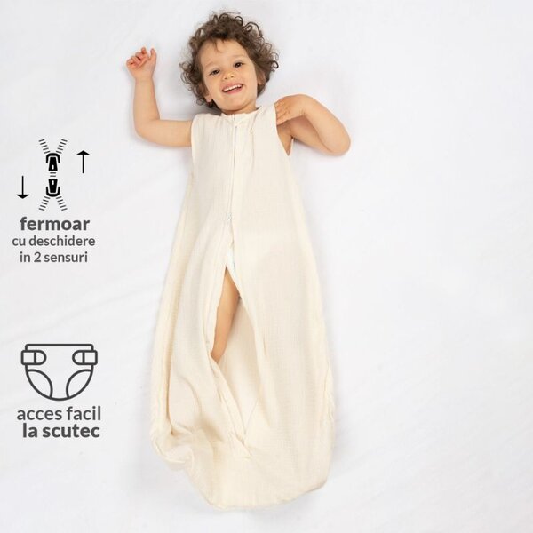 Sac de dormit de vara pentru copii din muselina dubla 18-36 luni Kidizi ivory, bumbac 100%, 0.3 tog
