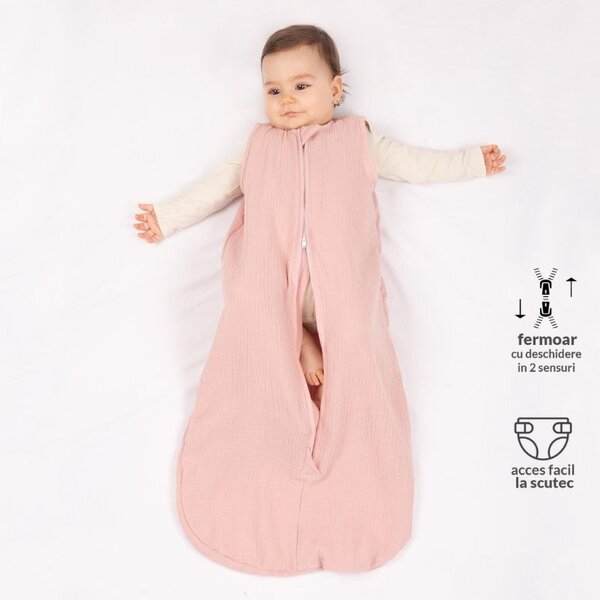 Set 2 saci de dormit de vara pentru copii din muselina dubla 3-18 Tiny Hearts Gray Old Rosa, 0.3 tog