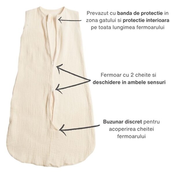 Sac de dormit de vara pentru copii din muselina dubla 3-18 luni Kidizi ivory, 0.3 tog