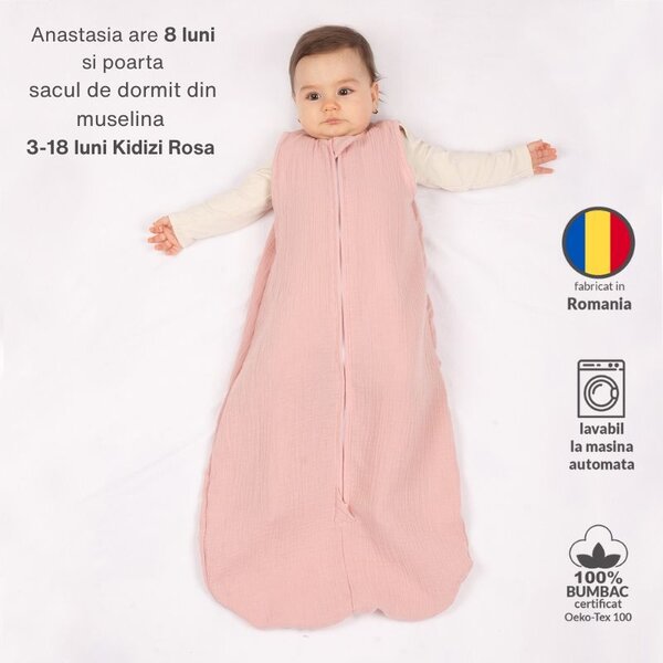 Set 2 saci de dormit de vara pentru copii din muselina dubla 3-18 Tiny Hearts Gray Old Rosa, 0.3 tog