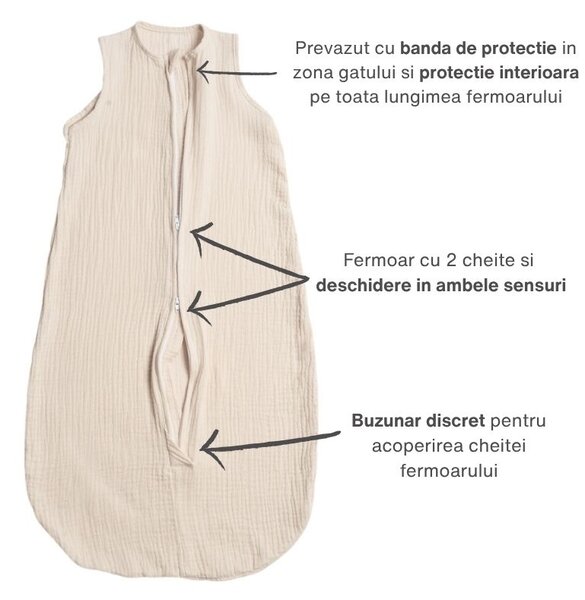 Sac de dormit de vara pentru copii din muselina dubla 3-18 luni Kidizi Natur, 0.3 tog