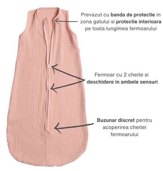 Sac de dormit de vara pentru copii din muselina dubla 3-18 luni Kidizi Old Rosa, 0.3 tog