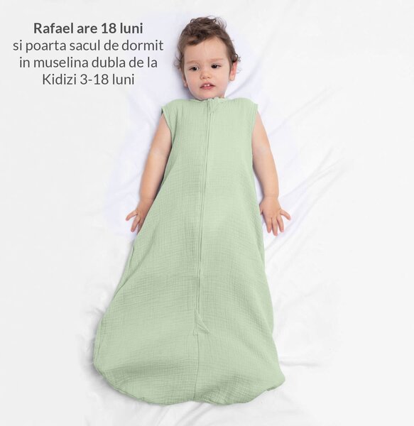 Sac de dormit de vara pentru copii din muselina dubla 3-18 luni Kidizi Mint, 0.3 tog