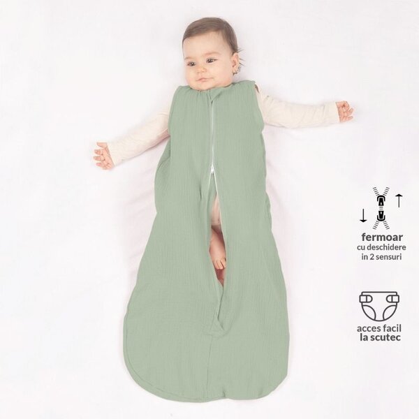 Sac de dormit de vara pentru copii din muselina dubla 3-18 luni Kidizi Mint, 0.3 tog