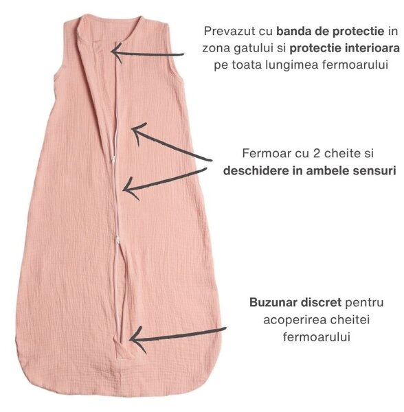 Sac de dormit de vara pentru copii din muselina dubla 18-36 luni Kidizi rosa, bumbac 100%, 0.3 tog