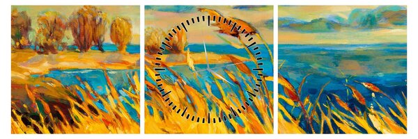 Tablou - Apus de soare peste lac, pictură acrilică (cu ceas) (90x30 cm)