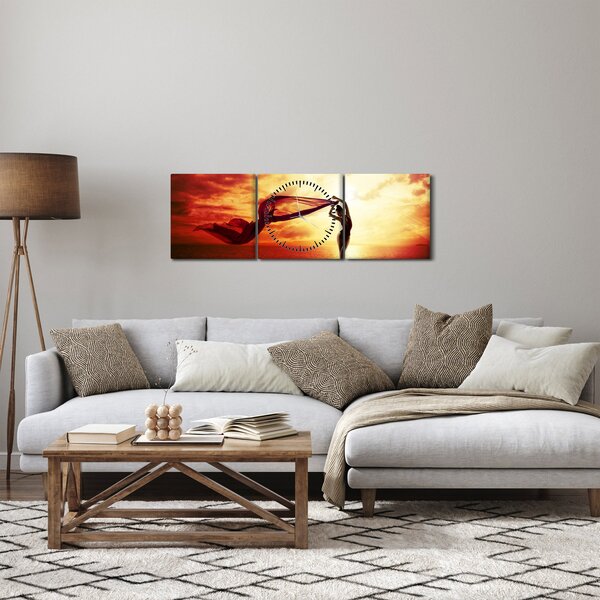 Tablou - Silueta femeii la apus de soare (cu ceas) (90x30 cm)