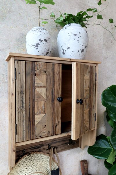 Dulap de perete, din lemn reciclat, cu 2 usi 3 agatatori, aspect rustic
