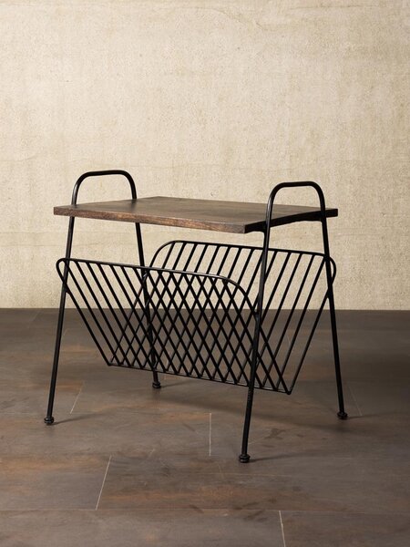 Masuta laterala, din metal si lemn de mango, cu suport pentru reviste, Industrial Chic