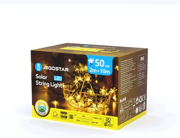 Aigostar - Ghirlandă solară cu LED, 50 LED, 8 funcții, 12 m, IP65, alb cald
