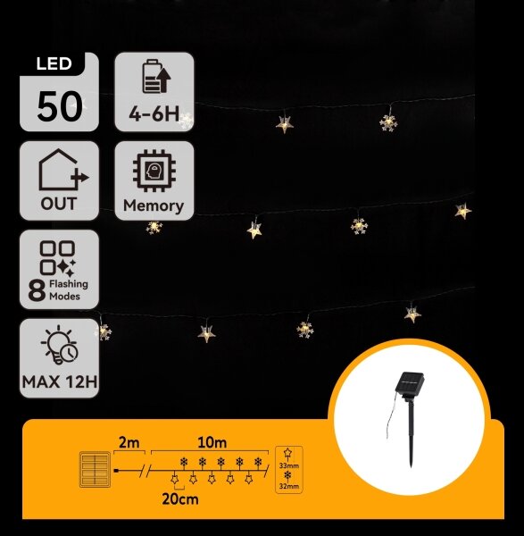 Aigostar - Ghirlandă solară cu LED, 50 LED, 8 funcții, 12 m, IP65, alb cald