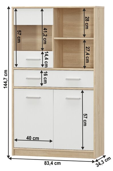 KONDELA Vitrină 2D1W1S/80, alb/stejar sonoma, TEYO