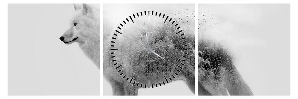 Tablou - Lupul arctic oglindit în peisajul sălbatic, alb-negru (cu ceas) (90x30 cm)