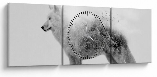 Tablou - Lupul arctic oglindit în peisajul sălbatic, alb-negru (cu ceas) (90x30 cm)