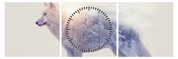 Tablou - Lupul arctic oglindit în peisaj sălbatic (cu ceas) (90x30 cm)