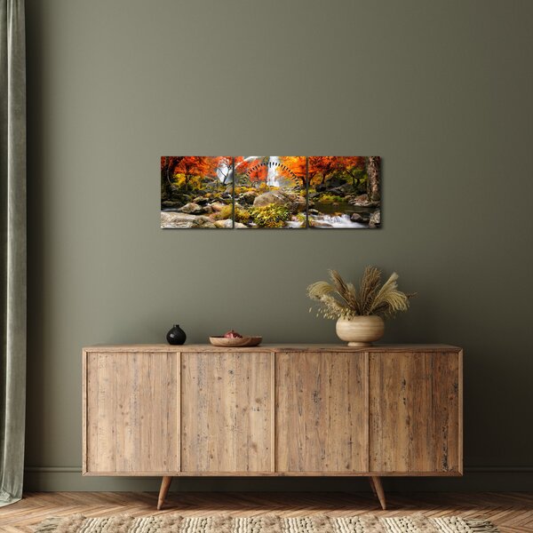 Tablou - Cascade în pădurea portocalie (cu ceas) (90x30 cm)