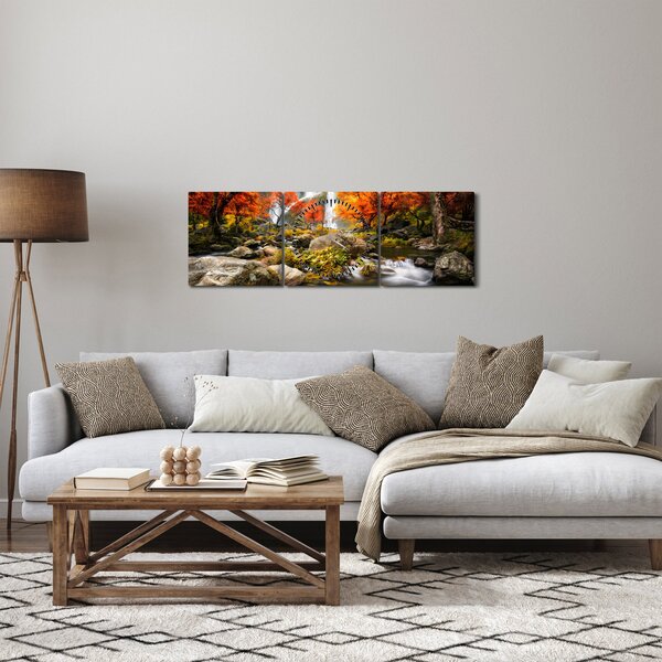 Tablou - Cascade în pădurea portocalie (cu ceas) (90x30 cm)