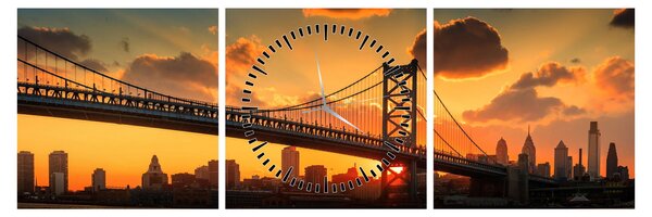 Tablou - Apus de soare peste Podul Ben Franklin, Philadelphia (cu ceas) (90x30 cm)