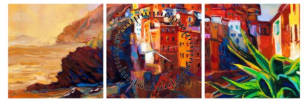 Tablou - Satul de coastă Cinque Terre, Riviera italiană, impresionismul modern (cu ceas) (90x30 cm)