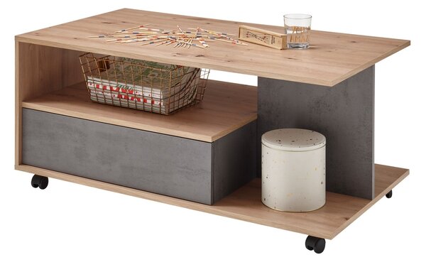 Masuta cafea Silas, PAL, stejar artisan/beton, pe role, 108x60x48 cm