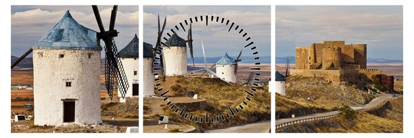 Tablou - Morile de vânt din Consuegra, Spania (cu ceas) (90x30 cm)