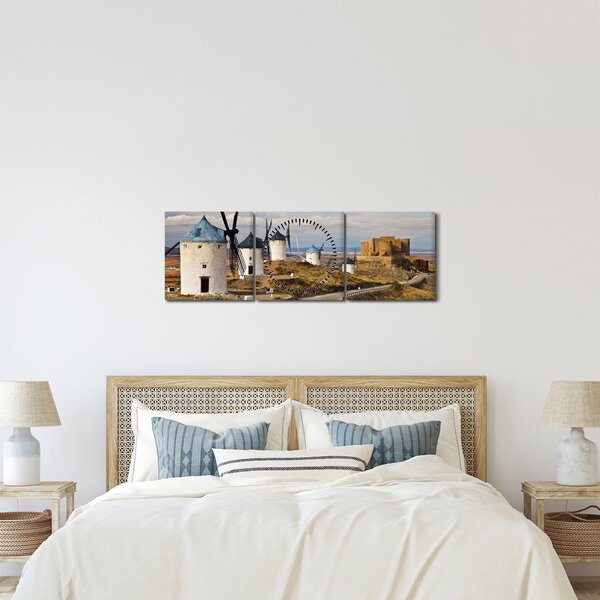 Tablou - Morile de vânt din Consuegra, Spania (cu ceas) (90x30 cm)