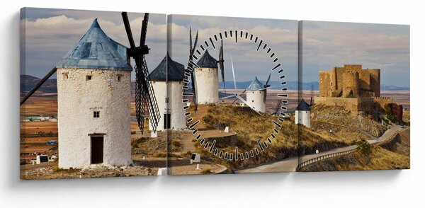 Tablou - Morile de vânt din Consuegra, Spania (cu ceas) (90x30 cm)