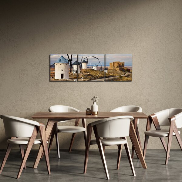Tablou - Morile de vânt din Consuegra, Spania (cu ceas) (90x30 cm)