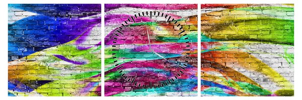 Tablou - Zid de cărămidă cu flăcări colorate (cu ceas) (90x30 cm)