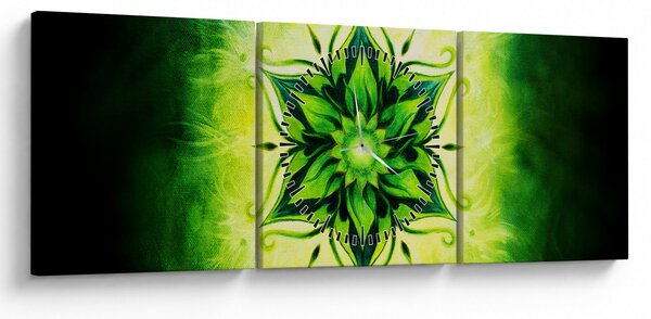 Tablou - Mandala de flori, fundal verde (cu ceas) (90x30 cm)