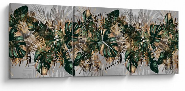 Tablou - Frunze tropicale, Galben - auriu (cu ceas) (90x30 cm)