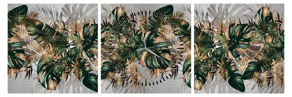 Tablou - Frunze tropicale, Galben - auriu (cu ceas) (90x30 cm)