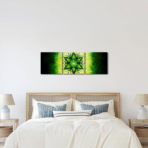 Tablou - Mandala de flori, fundal verde (cu ceas) (90x30 cm)
