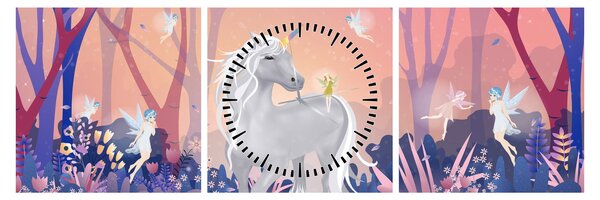 Tablou - Unicorn în pădurea fermecată (cu ceas) (90x30 cm)