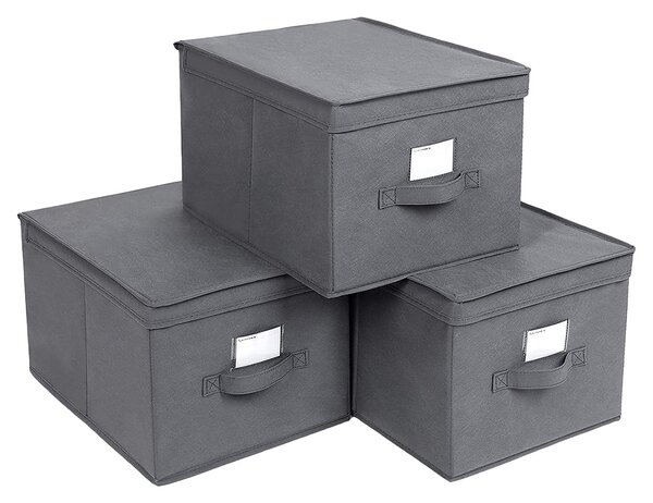 SONGMICS 3 cutii de depozitare pliabile cu capace, 40 x 25 x 30 cm, gri