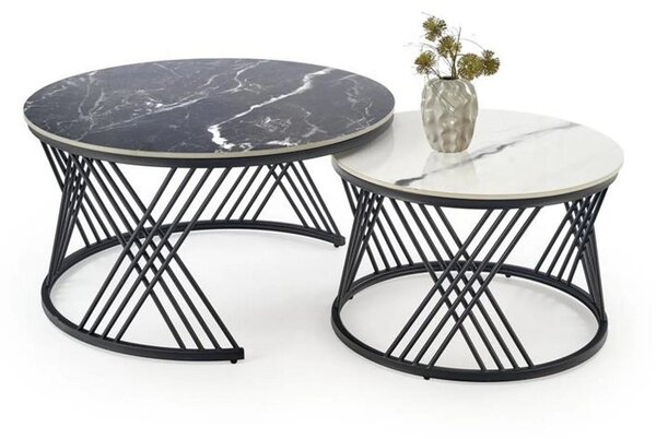 Set 2 masute cafea FLAMINGO, negru cu efect de marmura/alb cu efect de