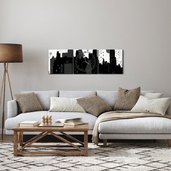 Tablou - Oraș cu inscripții și modele (cu ceas) (90x30 cm)