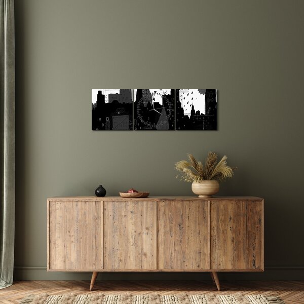 Tablou - Oraș cu inscripții și modele (cu ceas) (90x30 cm)